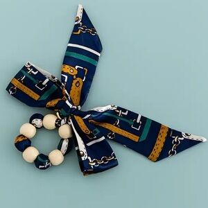 Navy and Gold Patterned Scarf Bag Charm Keychain with Beads